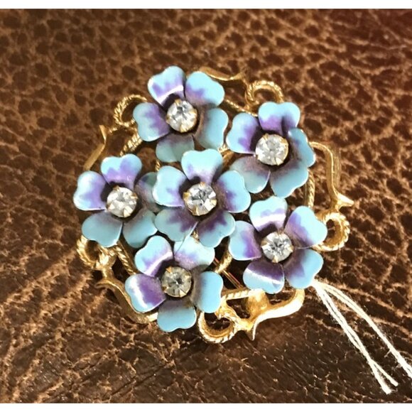 Vintage Avon Blue Enamel Floral Brooch/Pendant With Rhinestones & Gold-Tone Meta - Picture 2 of 7